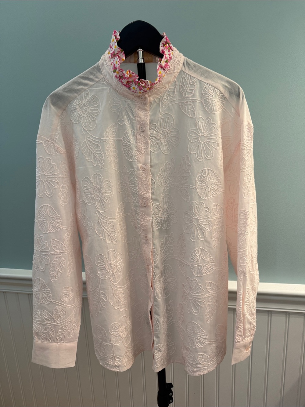 Reworked Women’s Light Pink Embroidered Long-Sleeve Shirt by Hester’s Orchard